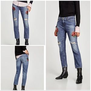 NWT Zara Floral Sequin Beaded Distressed Jeans